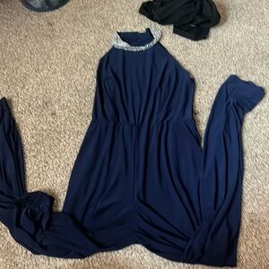 Elegant Navy Blue Halter Jumpsuit with Rhinestone Detail